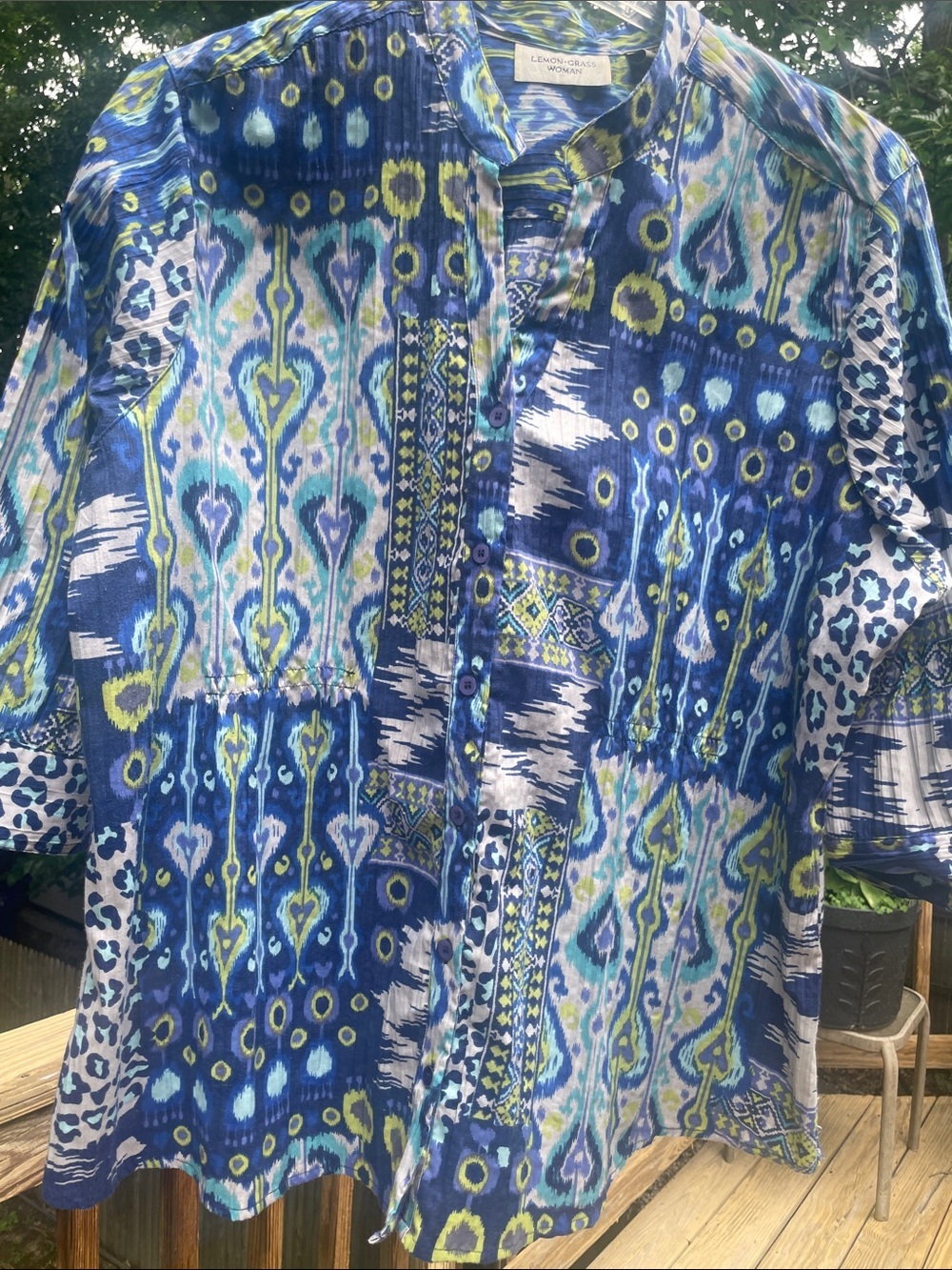 LEMON GRASS WOMAN 2X Blue and Green Button Down Blouse Preworn Great Condition - Picture 1 of 15